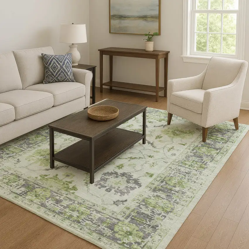 Mint Green And Gray Oriental Washable Area Rug With UV Protection Photo 5