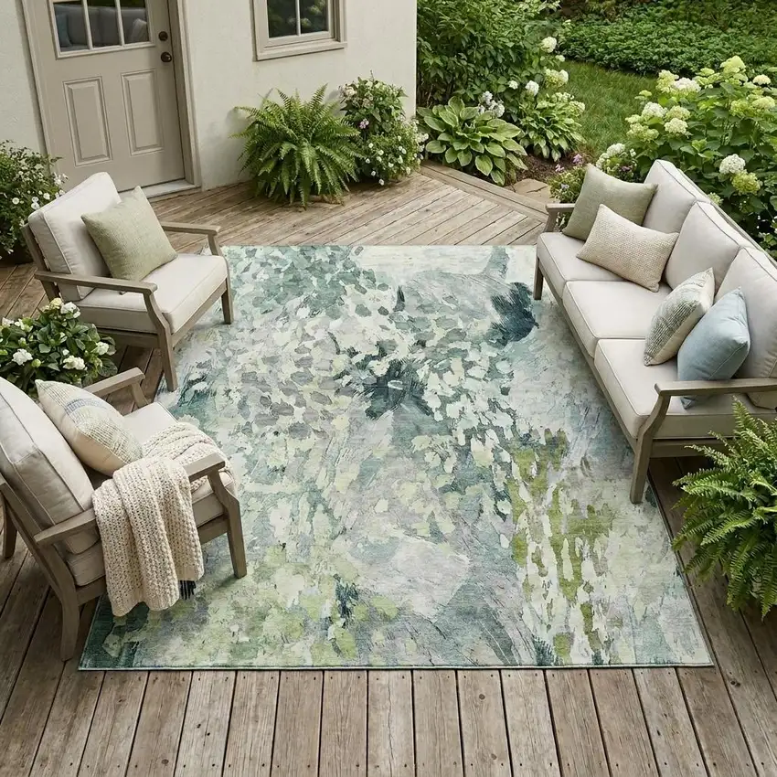 Mint Green And Green Abstract Washable Indoor Outdoor Area Rug Photo 1
