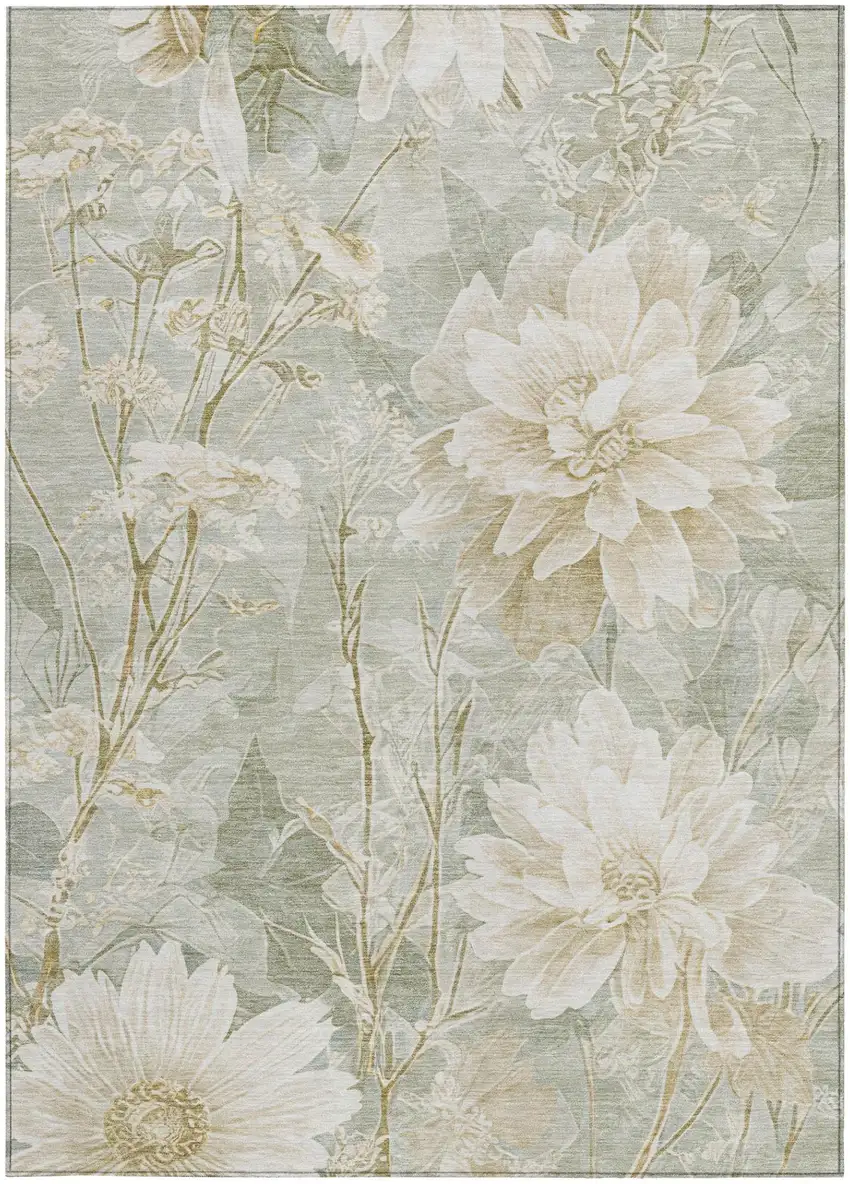 Mint Green And Green Floral Washable Indoor Outdoor Area Rug Photo 2