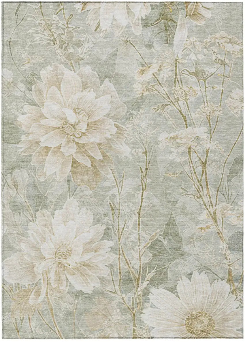 Mint Green And Green Floral Washable Indoor Outdoor Area Rug Photo 3