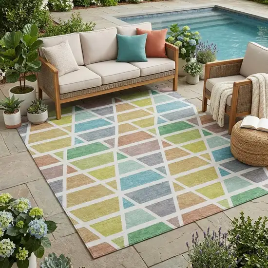 Mint Green And Green Geometric Washable Indoor Outdoor Area Rug Photo 1