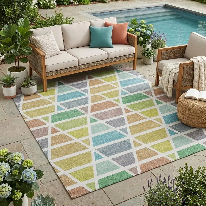 Mint Green And Green Geometric Washable Indoor Outdoor Area Rug Photo 1