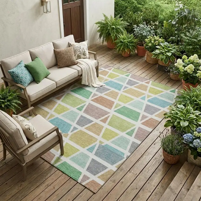 Mint Green And Green Geometric Washable Indoor Outdoor Area Rug Photo 1