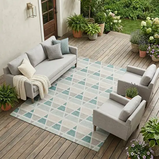 Mint Green And Green Geometric Washable Indoor Outdoor Area Rug Photo 1