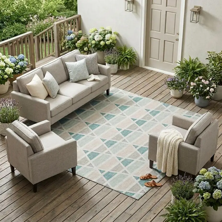 Mint Green And Green Geometric Washable Indoor Outdoor Area Rug Photo 1