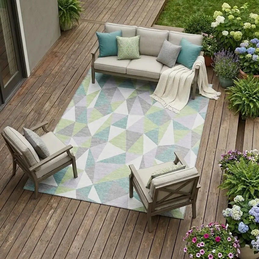 Mint Green And Green Geometric Washable Indoor Outdoor Area Rug Photo 1