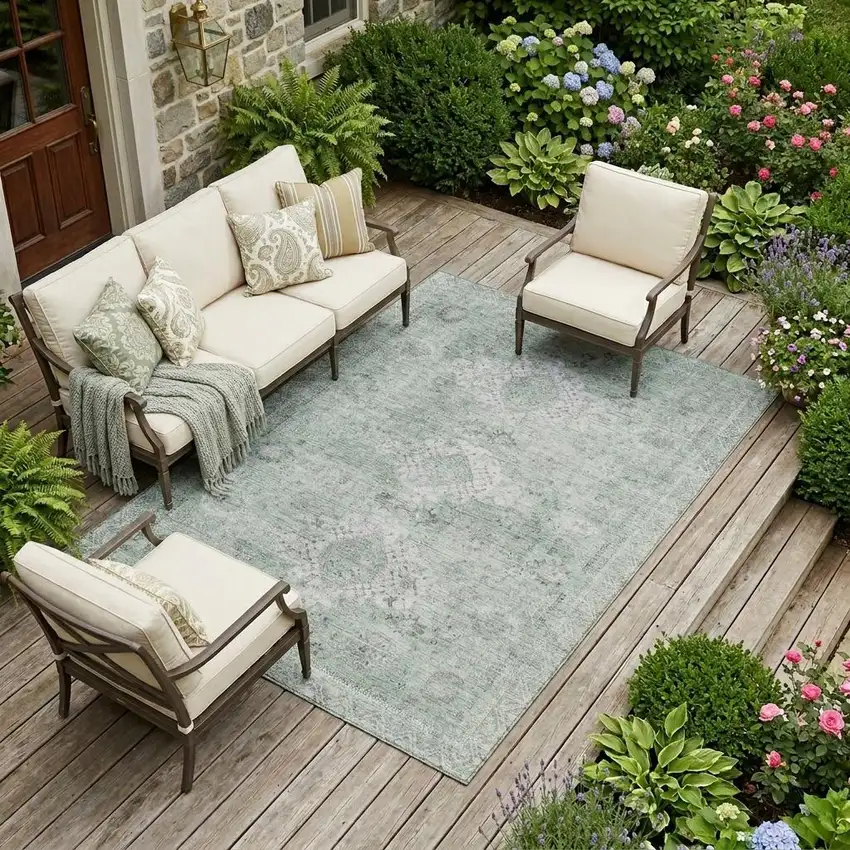 Mint Green And Green Oriental Washable Indoor Outdoor Area Rug Photo 1