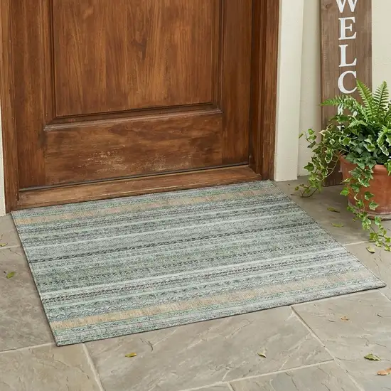 Mint Green And Green Striped Washable Indoor Outdoor Area Rug Photo 1