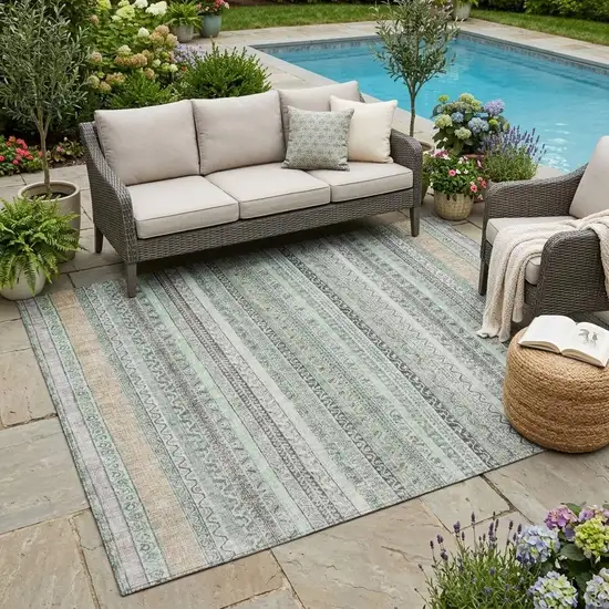 Mint Green And Green Striped Washable Indoor Outdoor Area Rug Photo 1