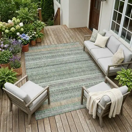 Mint Green And Green Striped Washable Indoor Outdoor Area Rug Photo 1