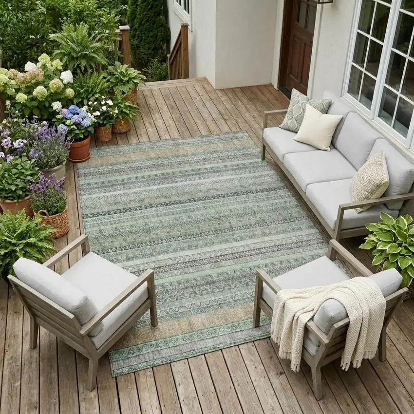 Mint Green And Green Striped Washable Indoor Outdoor Area Rug Photo 1