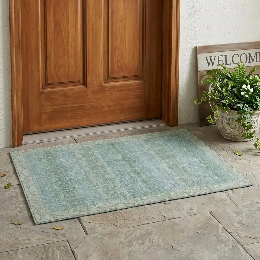 Mint Green And Green Tribal Washable Indoor Outdoor Area Rug Photo 1