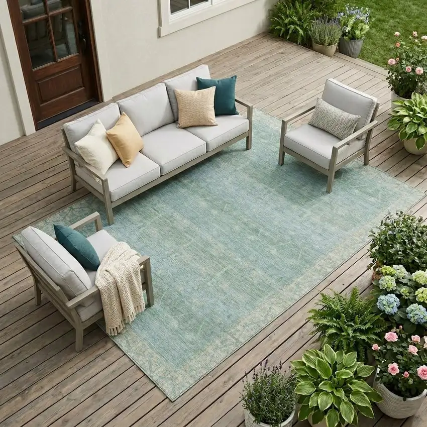 Mint Green And Green Tribal Washable Indoor Outdoor Area Rug Photo 1