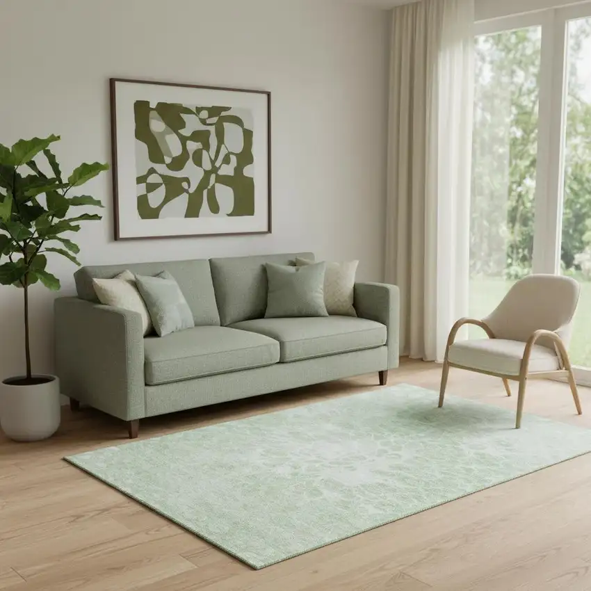 Mint Green And Ivory Abstract Washable Area Rug With UV Protection Photo 1