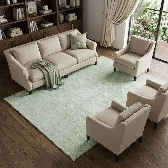 Mint Green And Ivory Abstract Washable Area Rug With UV Protection Photo 1