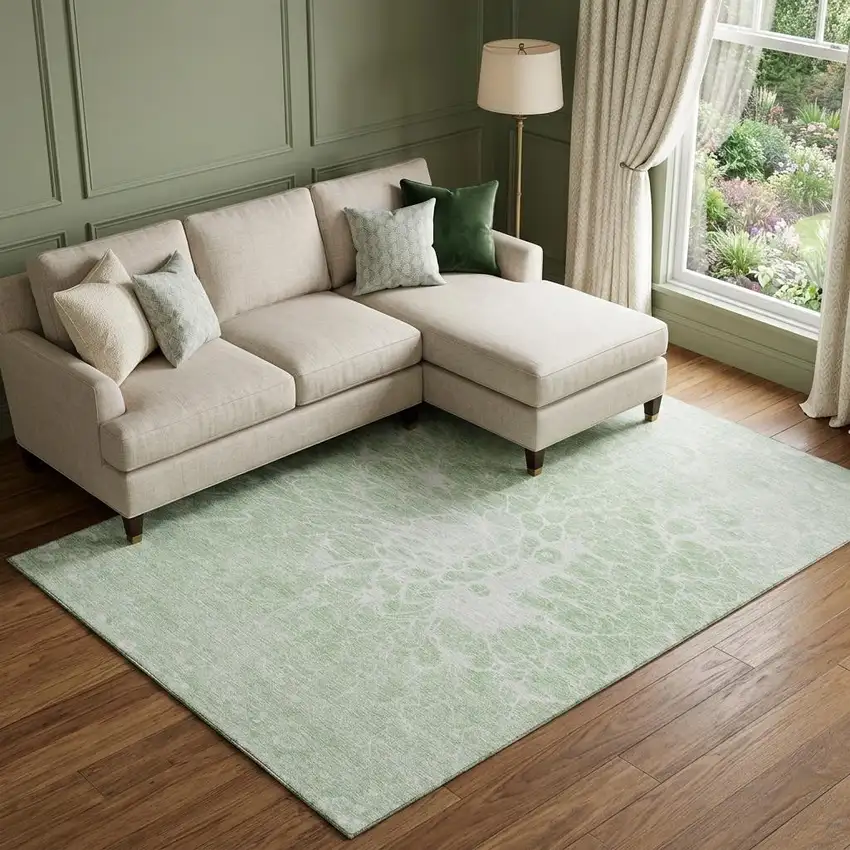 Mint Green And Ivory Abstract Washable Area Rug With UV Protection Photo 1