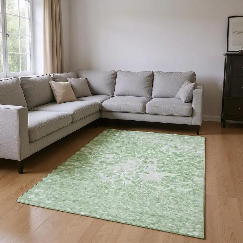 Mint Green And Ivory Abstract Washable Area Rug With UV Protection Photo 2