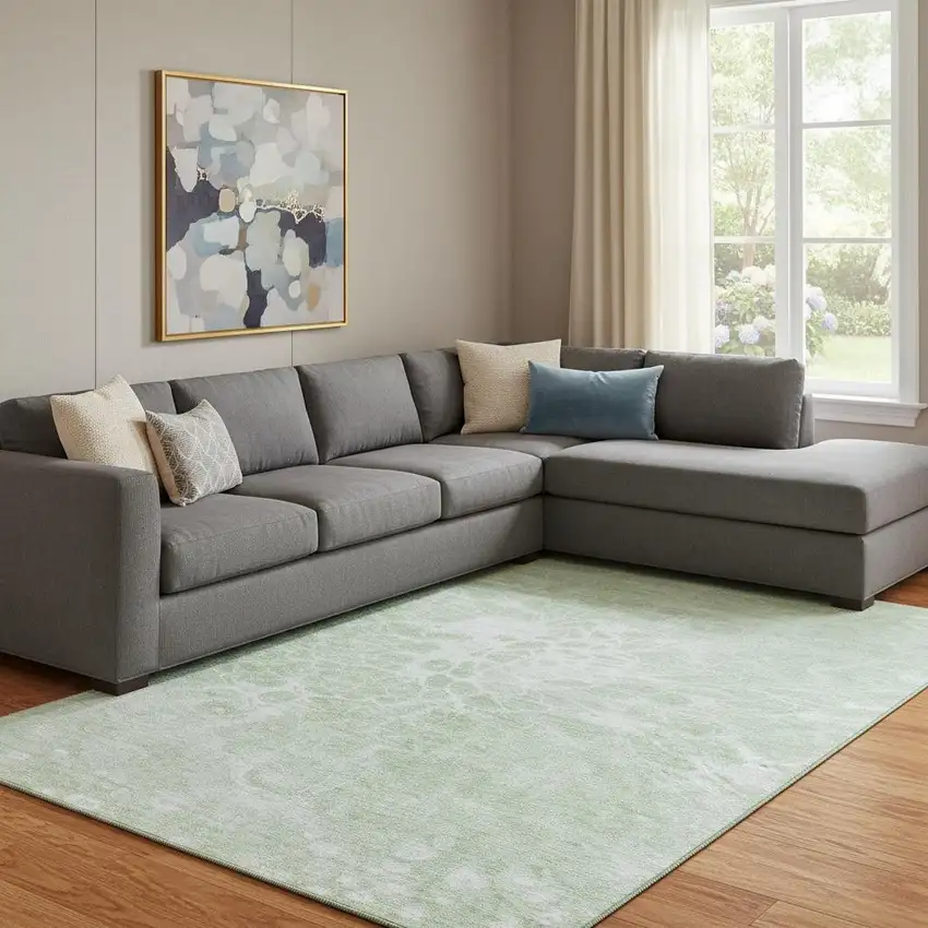 Mint Green And Ivory Abstract Washable Area Rug With UV Protection Photo 1