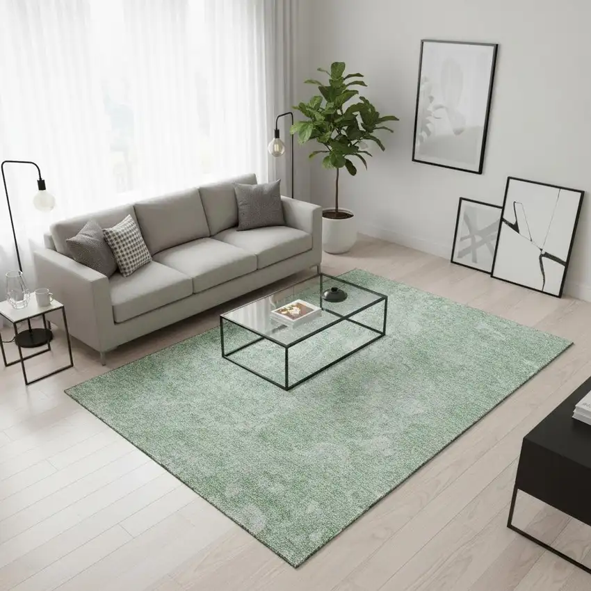 Mint Green And Ivory Abstract Washable Area Rug With UV Protection Photo 1