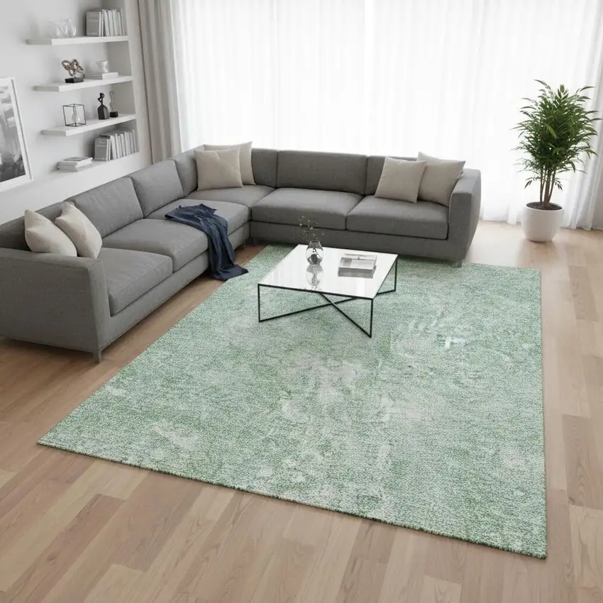 Mint Green And Ivory Abstract Washable Area Rug With UV Protection Photo 1