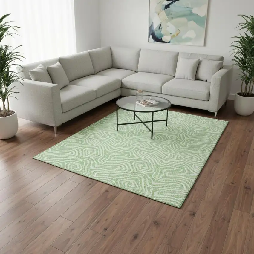 Mint Green And Ivory Abstract Washable Area Rug With UV Protection Photo 2