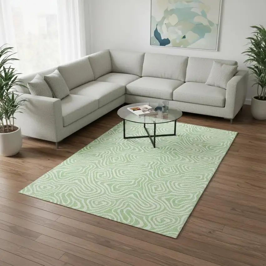 Mint Green And Ivory Abstract Washable Area Rug With UV Protection Photo 2