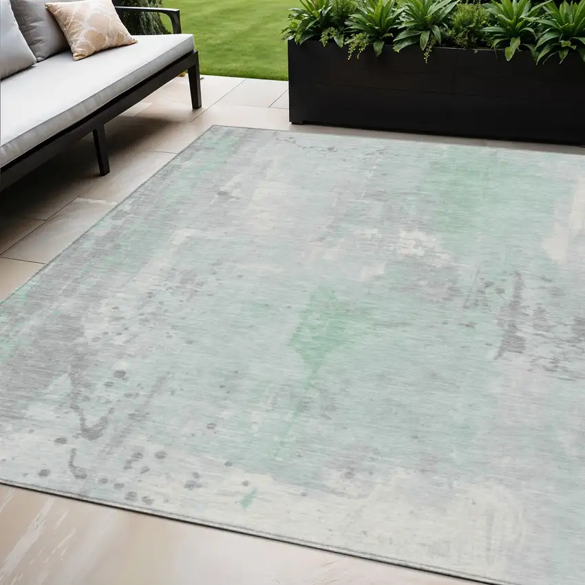 Mint Green And Ivory Abstract Washable Indoor Outdoor Area Rug Photo 2