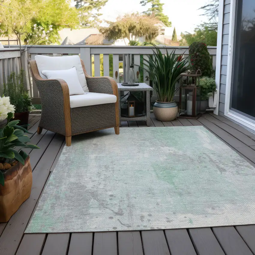 Mint Green And Ivory Abstract Washable Indoor Outdoor Area Rug Photo 8
