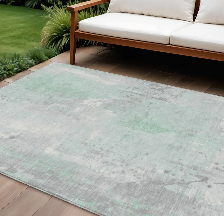 Mint Green And Ivory Abstract Washable Indoor Outdoor Area Rug Photo 2
