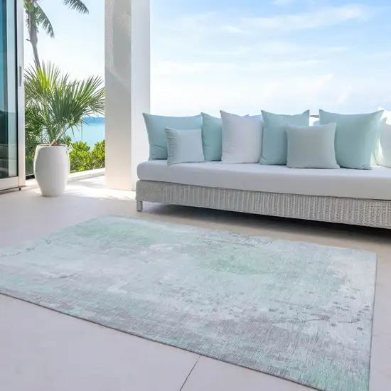 Mint Green And Ivory Abstract Washable Indoor Outdoor Area Rug Photo 4