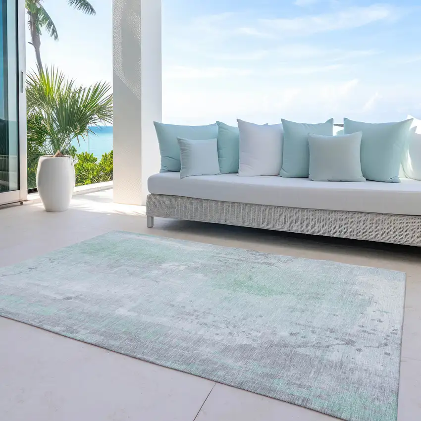 Mint Green And Ivory Abstract Washable Indoor Outdoor Area Rug Photo 4
