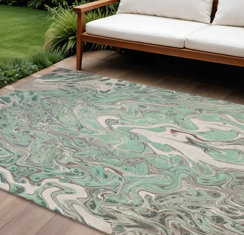 Mint Green And Ivory Abstract Washable Indoor Outdoor Area Rug Photo 1