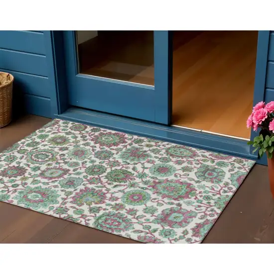 Mint Green And Ivory Floral Medallion Washable Indoor Outdoor Area Rug Photo 2