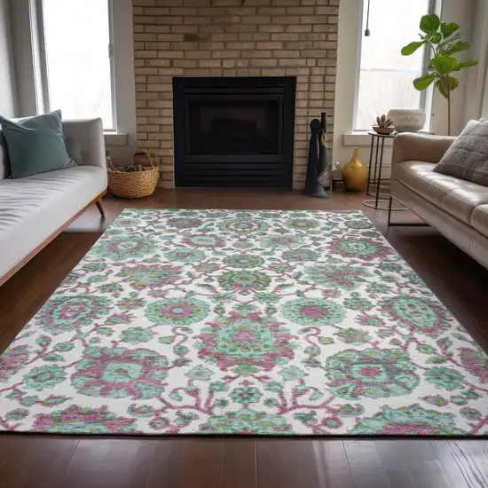 Mint Green And Ivory Floral Medallion Washable Indoor Outdoor Area Rug Photo 8