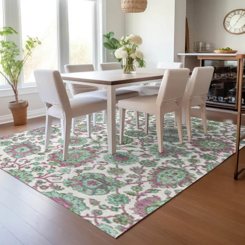 Mint Green And Ivory Floral Medallion Washable Indoor Outdoor Area Rug Photo 7