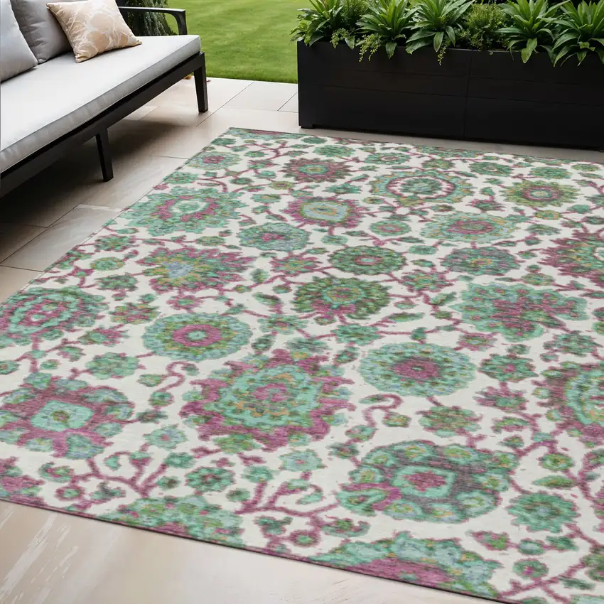 Mint Green And Ivory Floral Medallion Washable Indoor Outdoor Area Rug Photo 2