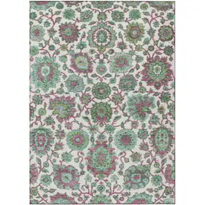 Photo of Mint Green And Ivory Floral Medallion Washable Indoor Outdoor Area Rug