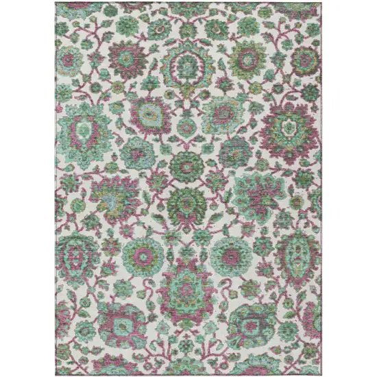 Mint Green And Ivory Floral Medallion Washable Indoor Outdoor Area Rug Photo 1