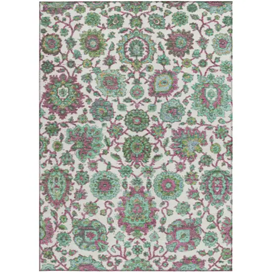 Mint Green And Ivory Floral Medallion Washable Indoor Outdoor Area Rug Photo 3