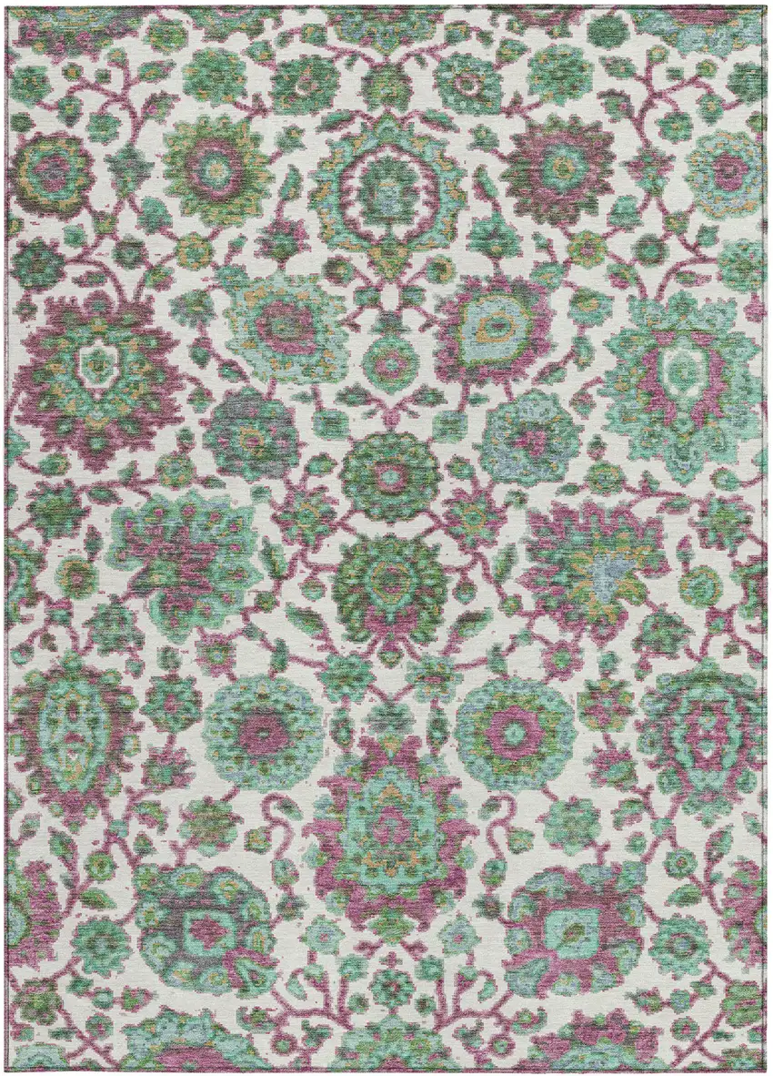 Mint Green And Ivory Floral Medallion Washable Indoor Outdoor Area Rug Photo 3