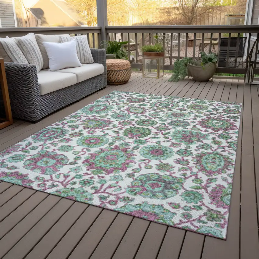 Mint Green And Ivory Floral Medallion Washable Indoor Outdoor Area Rug Photo 9