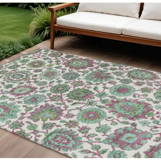 Mint Green And Ivory Floral Medallion Washable Indoor Outdoor Area Rug Photo 2