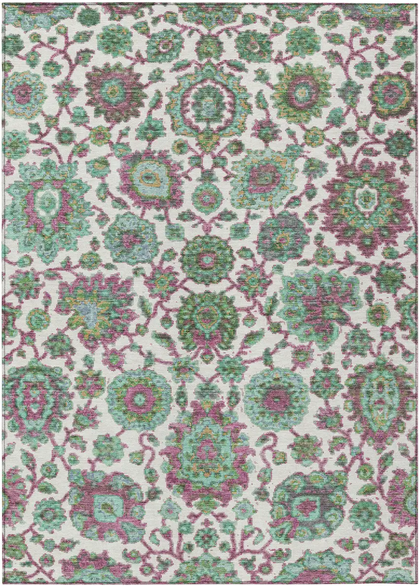 Mint Green And Ivory Floral Medallion Washable Indoor Outdoor Area Rug Photo 3