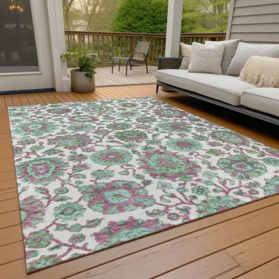 Mint Green And Ivory Floral Medallion Washable Indoor Outdoor Area Rug Photo 6