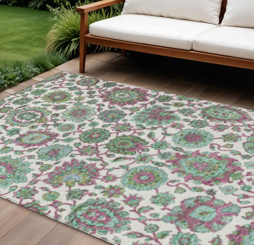 Mint Green And Ivory Floral Medallion Washable Indoor Outdoor Area Rug Photo 2