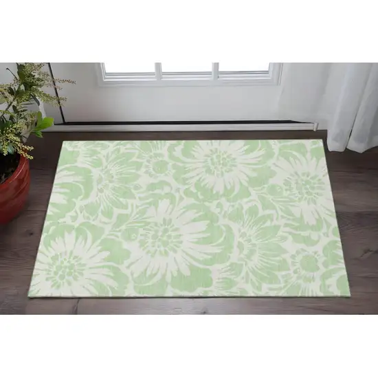 Mint Green And Ivory Floral Washable Area Rug With UV Protection Photo 2