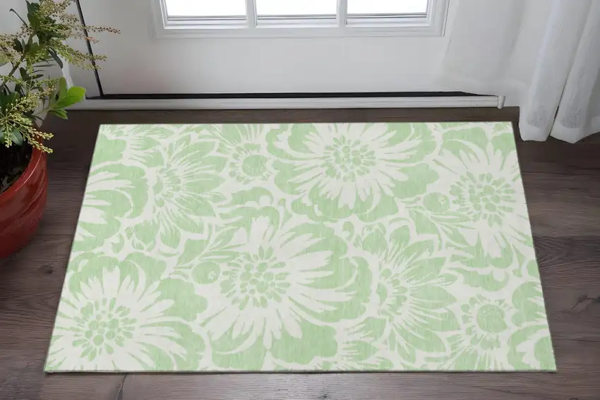 Mint Green And Ivory Floral Washable Area Rug With UV Protection Photo 2