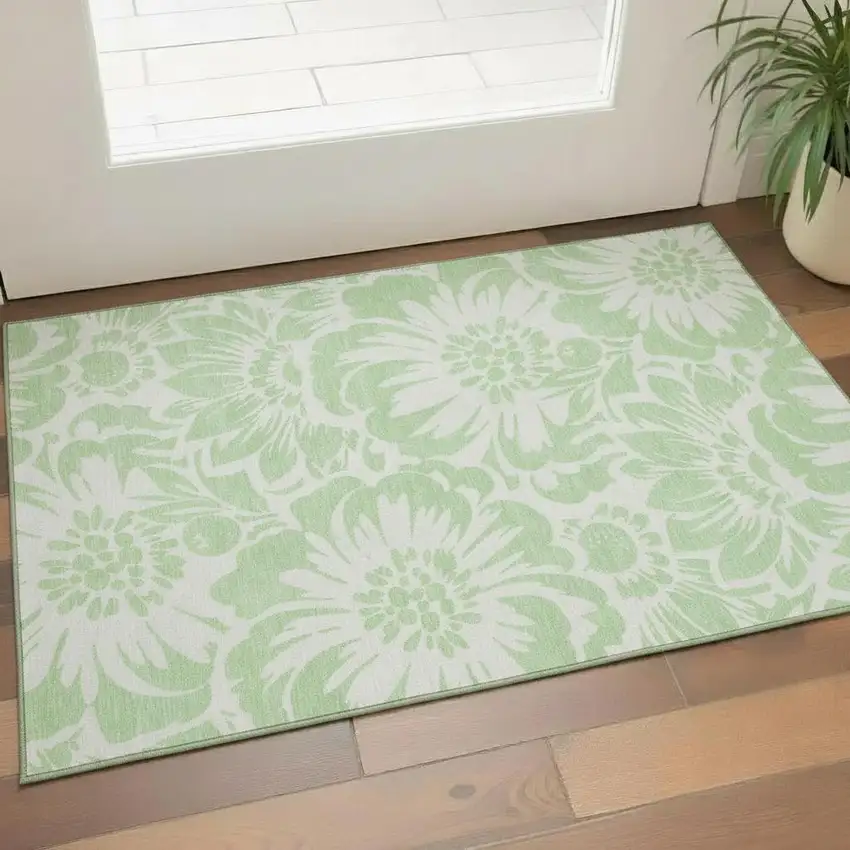 Mint Green And Ivory Floral Washable Area Rug With UV Protection Photo 1