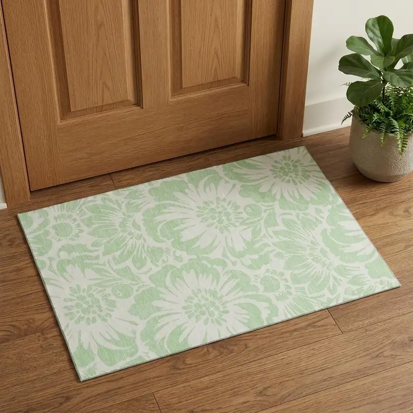 Mint Green And Ivory Floral Washable Area Rug With UV Protection Photo 1