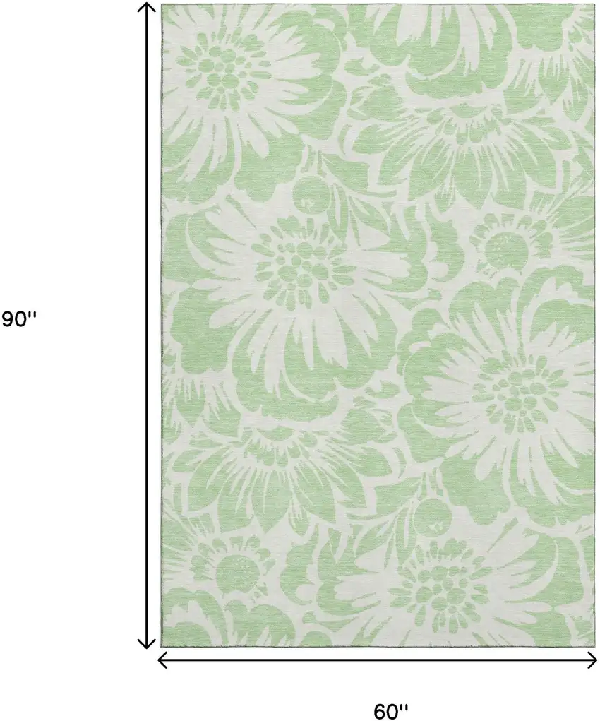 Mint Green And Ivory Floral Washable Area Rug With UV Protection Photo 3